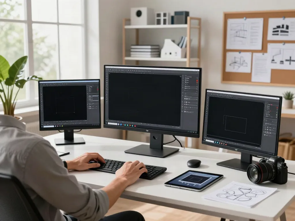 Interaktive Modelle im Designprozess: Designer erstellt 3D-Modelle am modernen Schreibtisch mit natürlichem Licht.