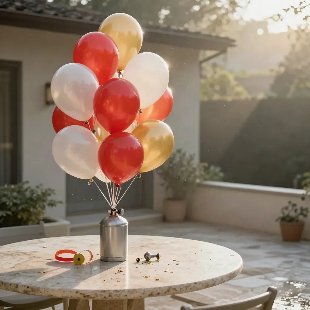 Helium-Ballon-Set mit Zylinder, Bändern und Ballongewicht auf heller Steinterrasse.