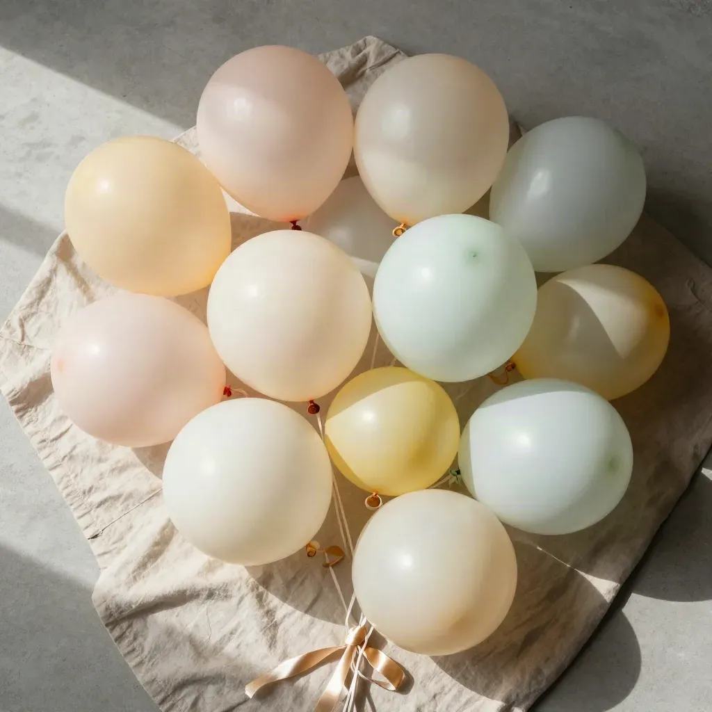 Pastellfarbene Latexballons mit Goldband auf hellem Stoff, von oben flach arrangiert.