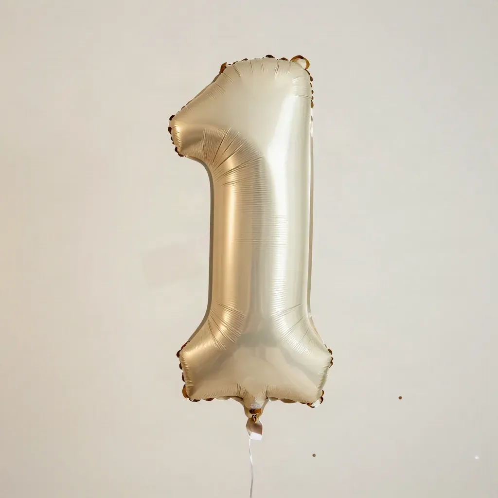 Goldener Zahlenballon 1 vor hellem Hintergrund mit Konfetti