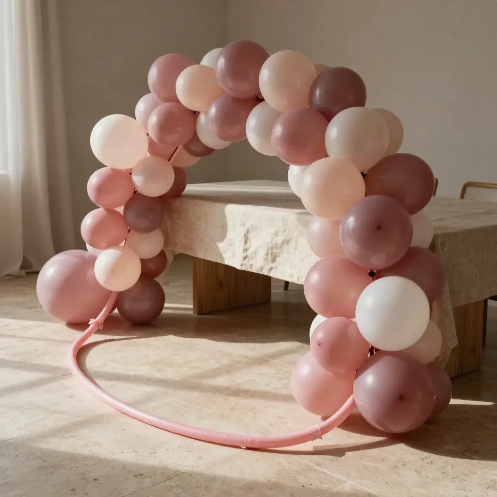 Rosa Ballonbogen-Set mit Latexballons neben einem mit Leinen bedeckten Esstisch