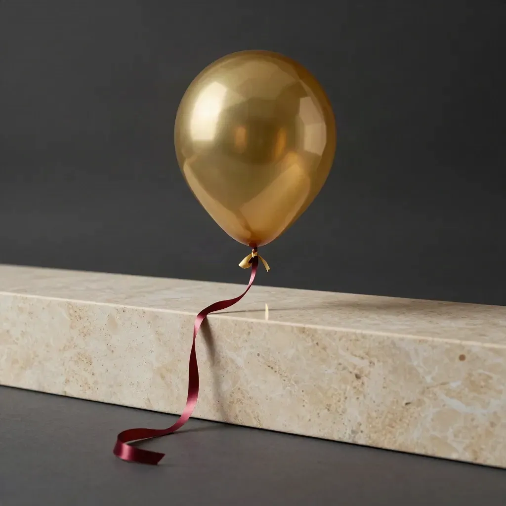 Goldenes Ballongewicht auf hellem Stein mit roten Bändern und Heliumschnüren