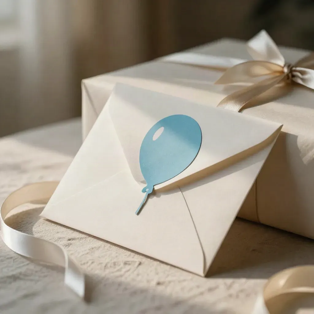 Gefaltete Grußkarte mit Ballonmotiv, hellem Umschlag und Geschenkband im Licht