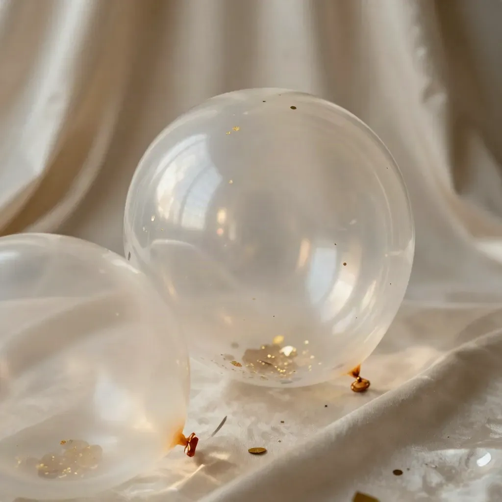 Makro klarer Latexballons mit Goldkonfetti auf cremefarbenem Stoff.