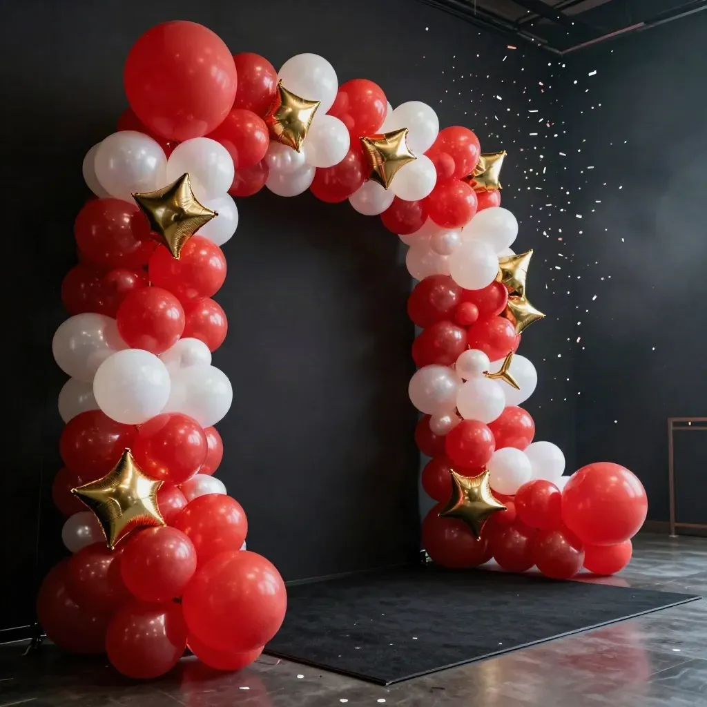 Bunter Ballonbogen in Rot, Gold und Weiß mit Konfetti vor dunklem Studiohintergrund