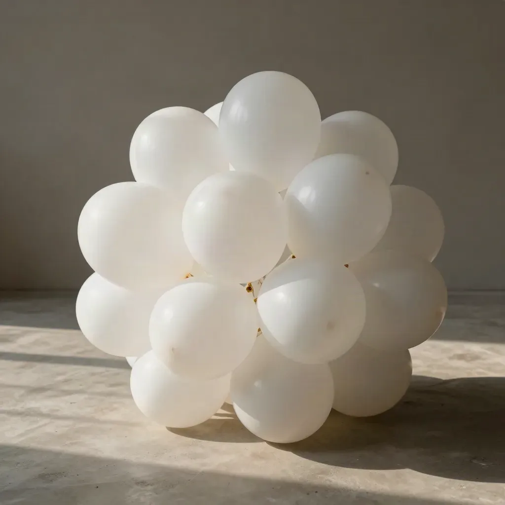 Weiße Latexballons als Packung mit wenigen losen Ballons auf hellem Beton.