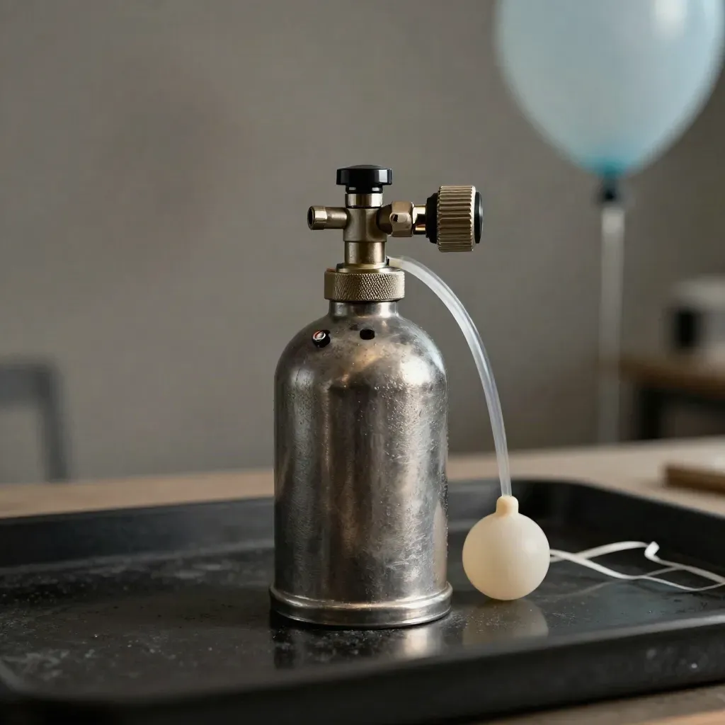 Heliumflasche mit Ventil, Schlauch und Ballonschnüren auf dunkler Fläche.