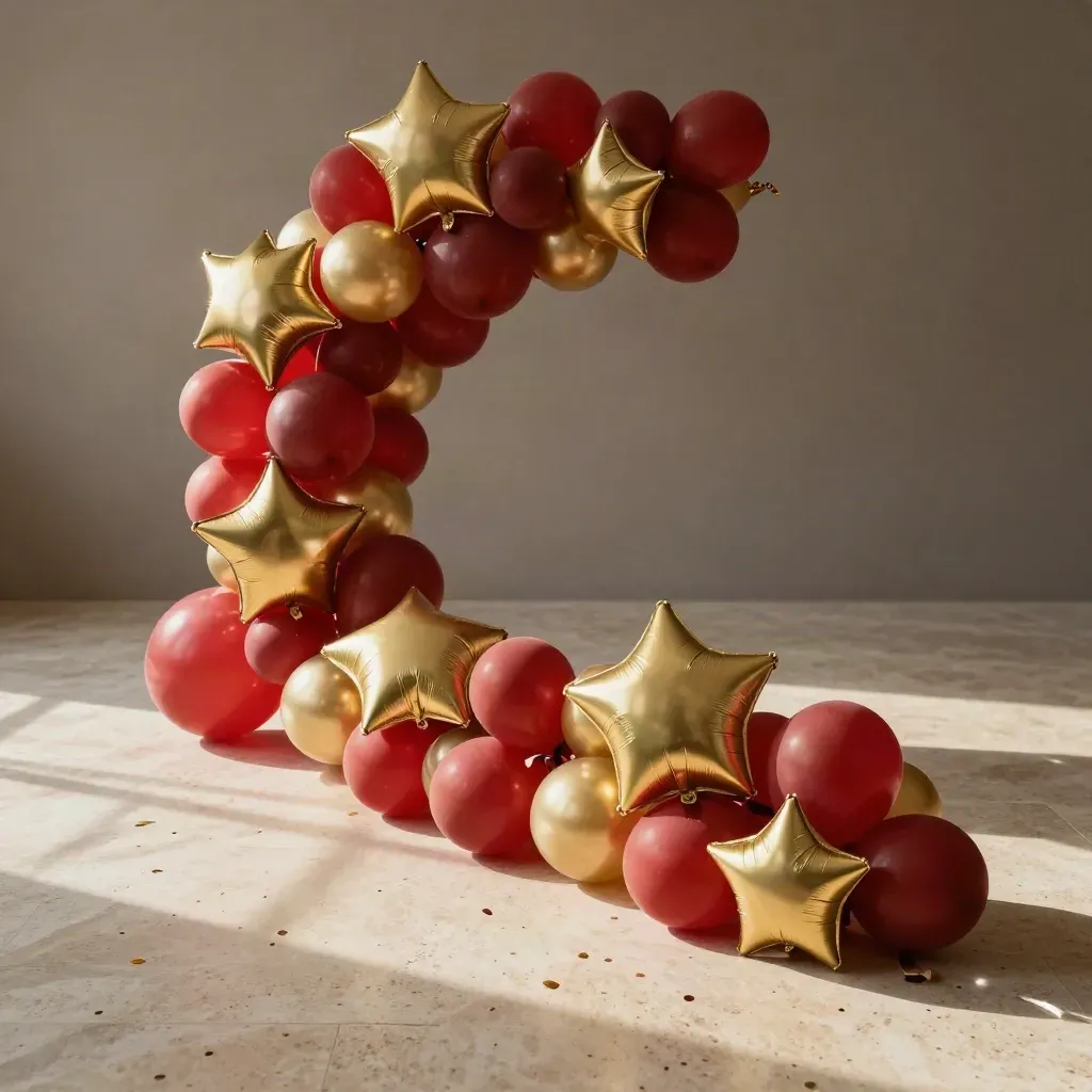 Ballonbogen-Set in Gold und Rot auf hellem Steinboden mit Konfetti und weichem Licht