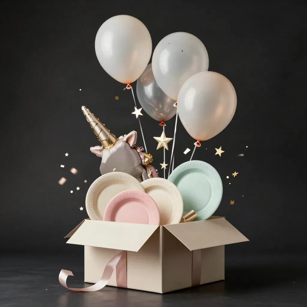Unicorn-Partyset springt aus einer Geschenkbox mit Pastelltellern, Sternen und Ballons.