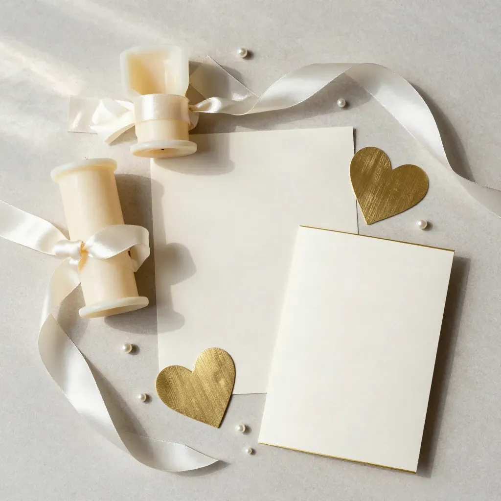 Weiß-goldenes Hochzeitsdeko-Set mit Kerzenhülsen, Schleifen und kleinen Ballonakzenten.