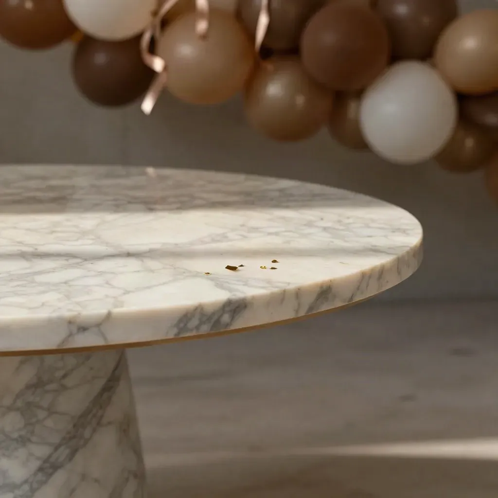 Marble Desserttisch mit Ballonreflexen und Konfetti im sanften Morgenlicht