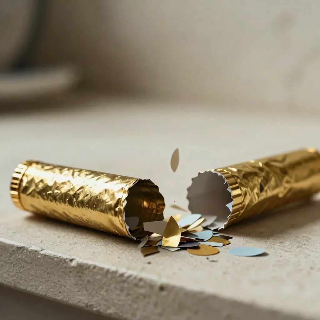 Goldene Konfetti-Popper mit schwebenden Metallic-Fetzen, Nahaufnahme.