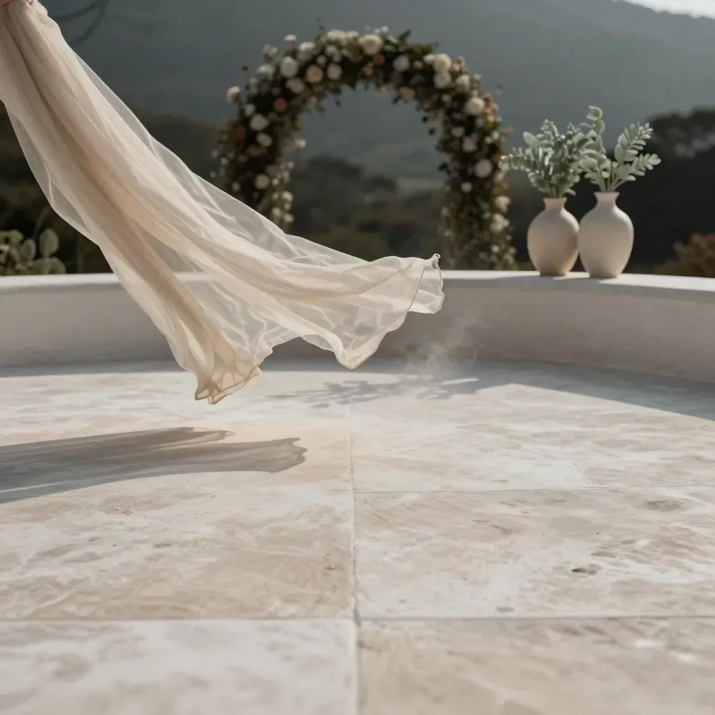 Weiße Terrassenszene mit Leinendrapierung und floralem Bogen für Hochzeit.